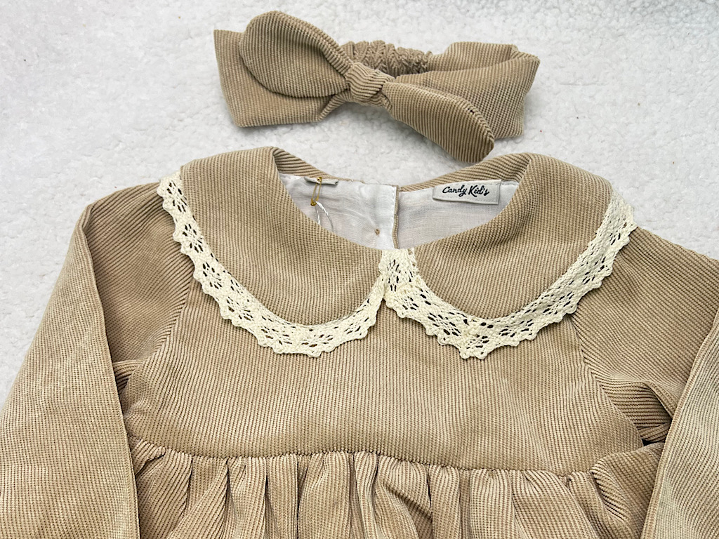 پیراهن زیر دکمه  دخترانه جنس مخمل کبریتی  کرم تیره