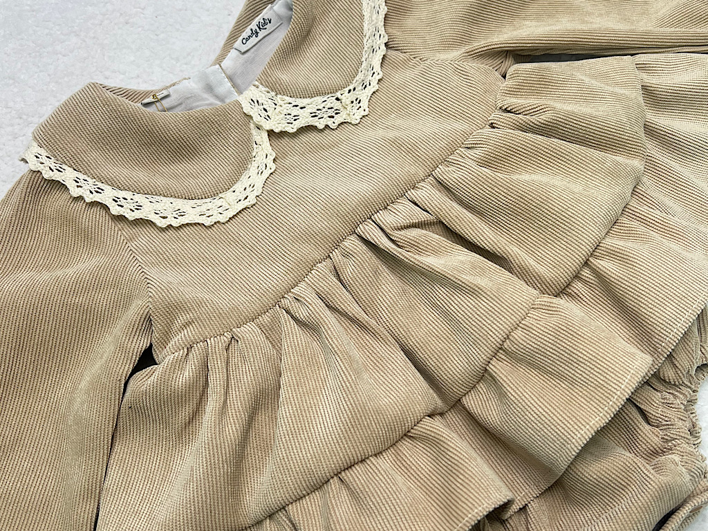 پیراهن زیر دکمه  دخترانه جنس مخمل کبریتی  کرم تیره