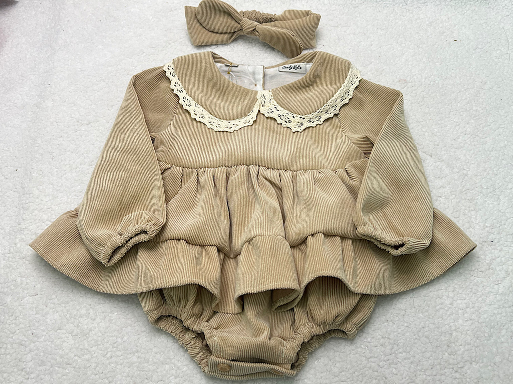 پیراهن زیر دکمه  دخترانه جنس مخمل کبریتی  کرم تیره