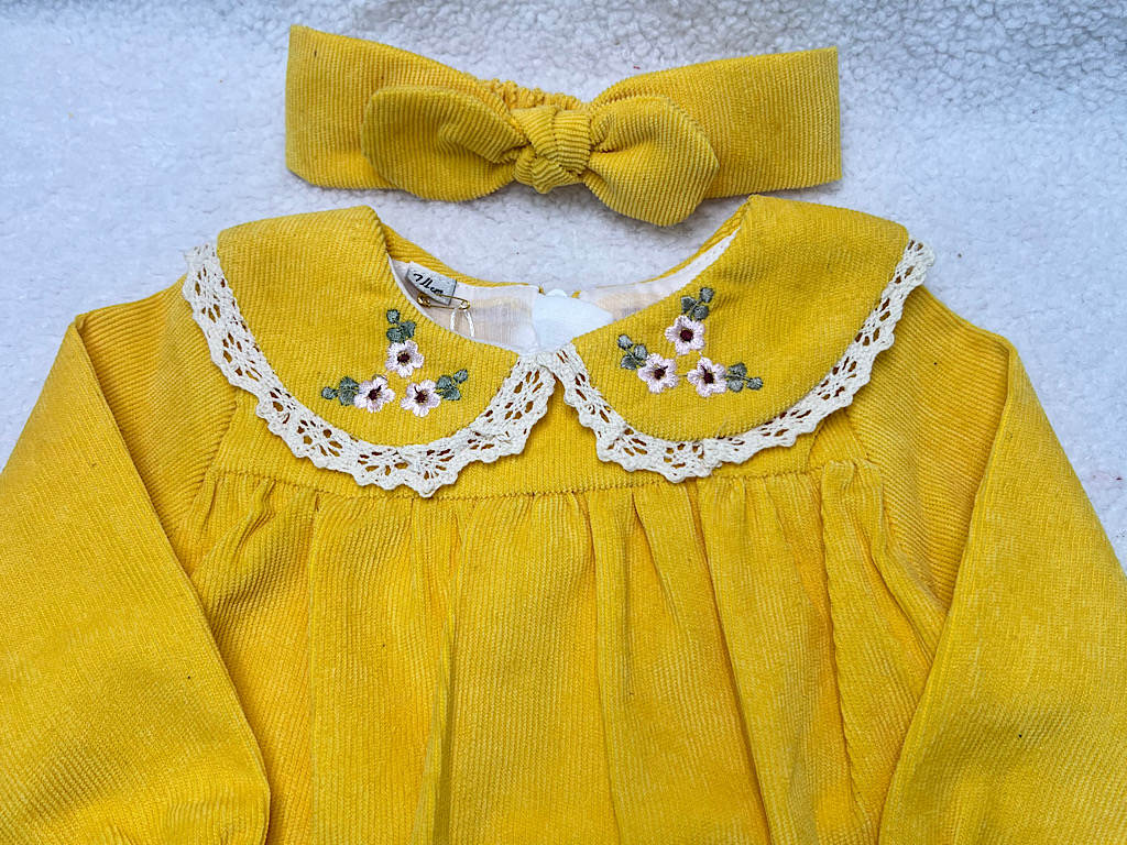 سارافون  دخترانه جنس مخمل کبریتی یقه گلدوزی  لیمویی