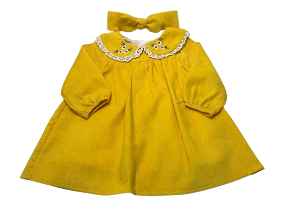 سارافون  دخترانه جنس مخمل کبریتی یقه گلدوزی  لیمویی