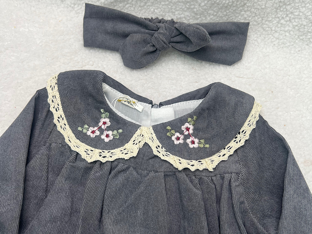 سارافون  دخترانه جنس مخمل کبریتی یقه گلدوزی  طوسی تیره