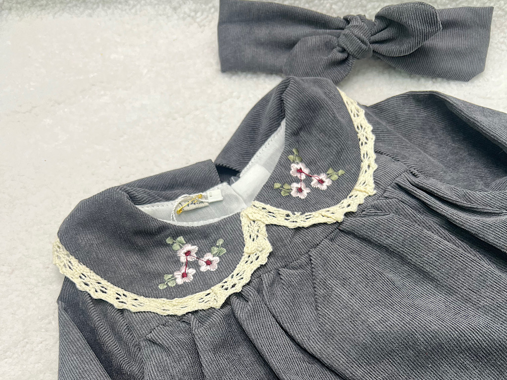 سارافون  دخترانه جنس مخمل کبریتی یقه گلدوزی  طوسی تیره