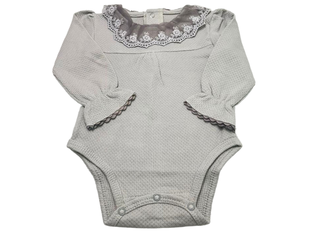 بادی آستین بلند نوزادی دخترانه رنگ طوسی   یقه توری