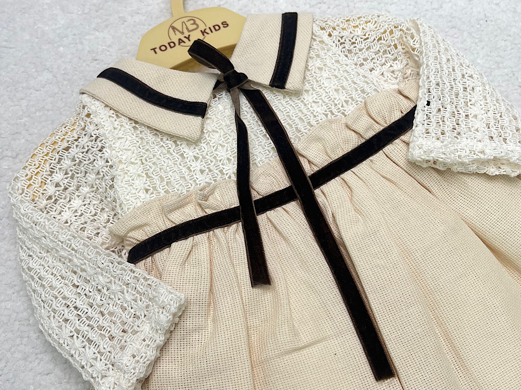 پیراهن دخترانه   بالا گیپور   روبان  قهوه ای