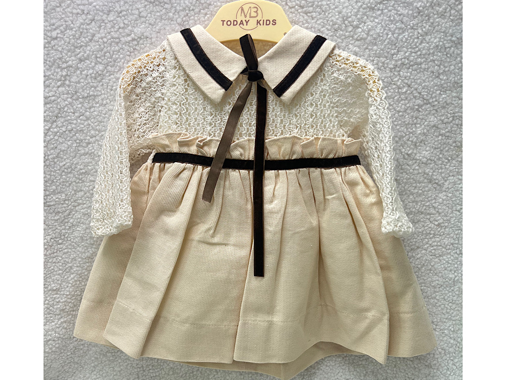 پیراهن دخترانه   بالا گیپور   روبان  قهوه ای