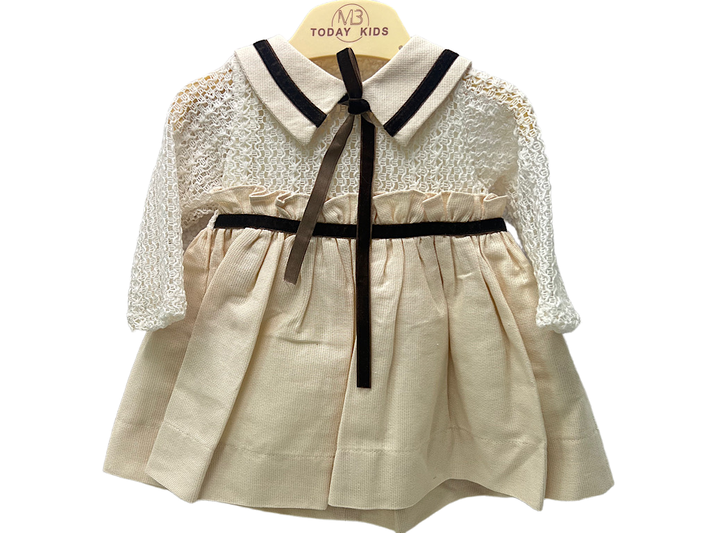 پیراهن دخترانه   بالا گیپور   روبان  قهوه ای