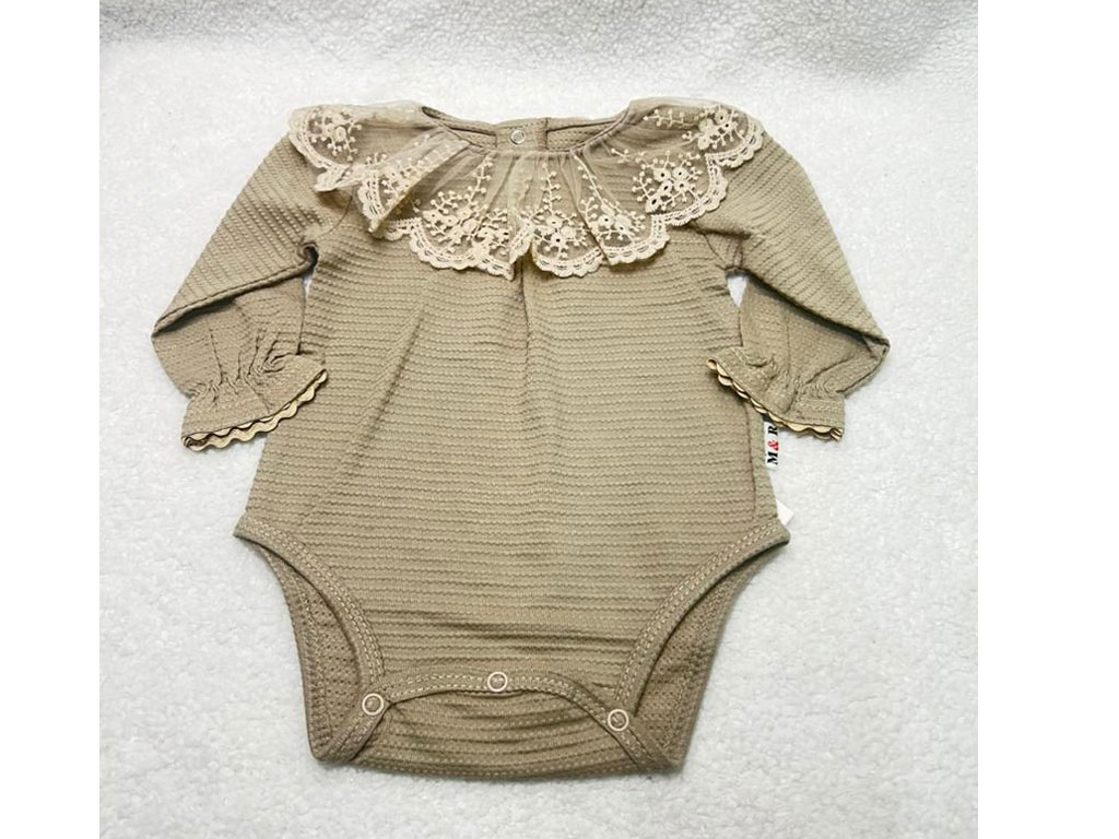 بادی آستین بلند نوزادی دخترانه رنگ نسکافه ای   یقه توری