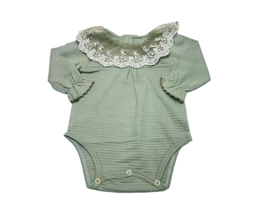 بادی آستین بلند نوزادی دخترانه رنگ سبز  یقه توری