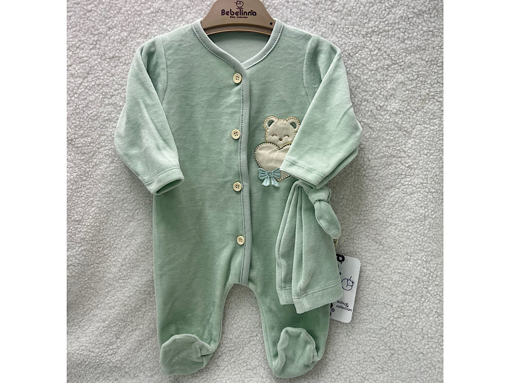 سرهمی جورابدار با کلاه نوزادی طرح تدی و قلب بب لینا BEBELINNA