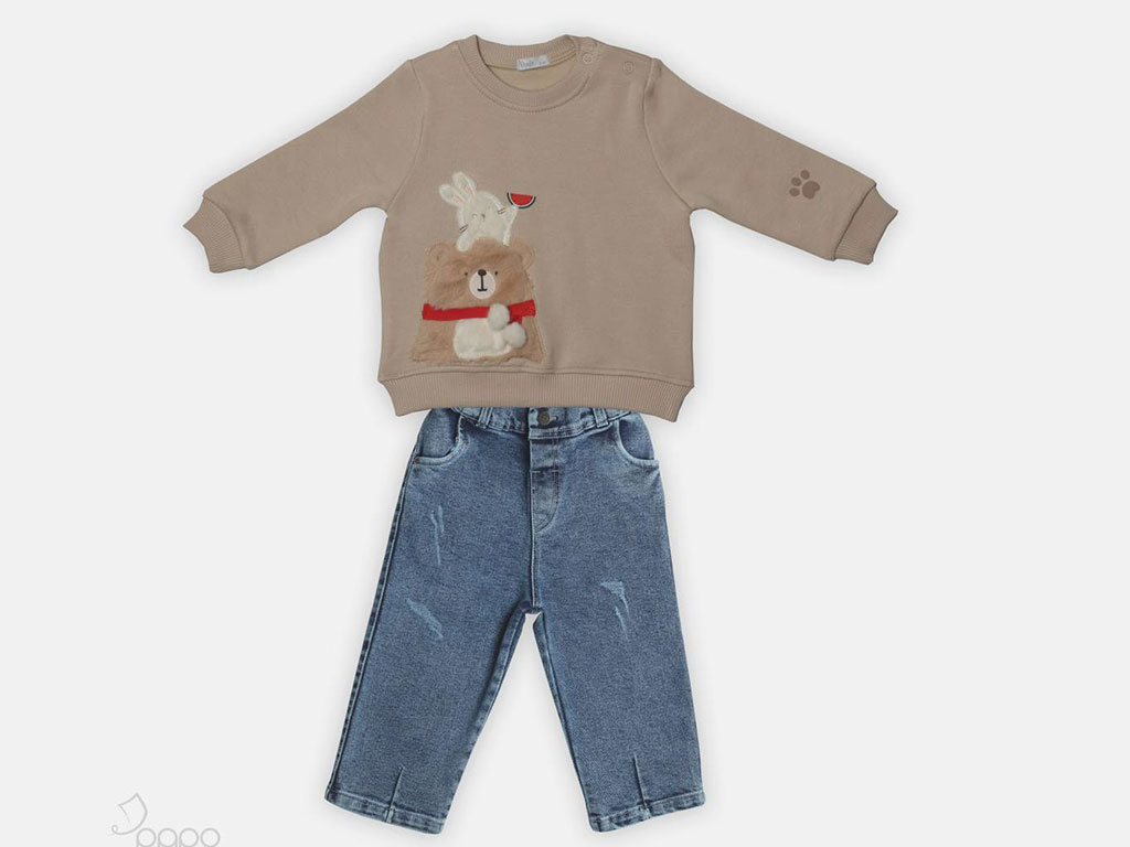 ست بلوز تو کرک با شلوار جین نوزادی طرح Rudi  پاپو papo