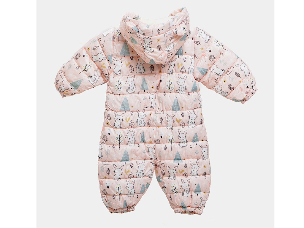 کاپشن سرهمی لاینردار و کلاه دار نوزادی گلبهی رنگ طرح خرگوش