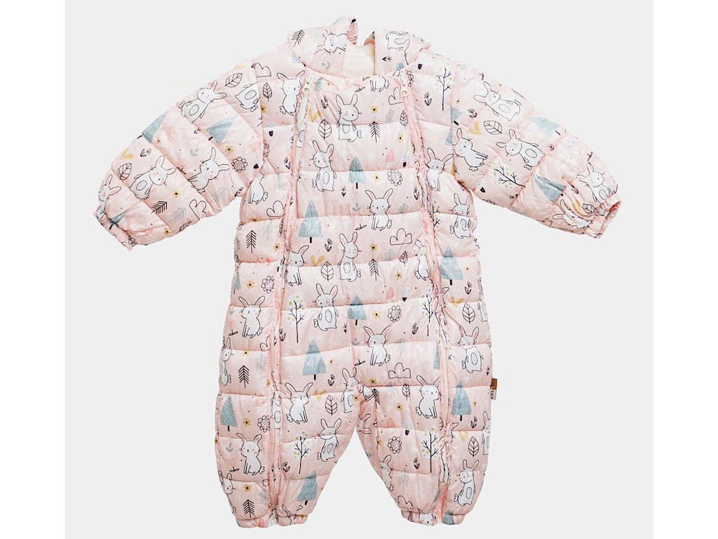 کاپشن سرهمی لاینردار و کلاه دار نوزادی گلبهی رنگ طرح خرگوش