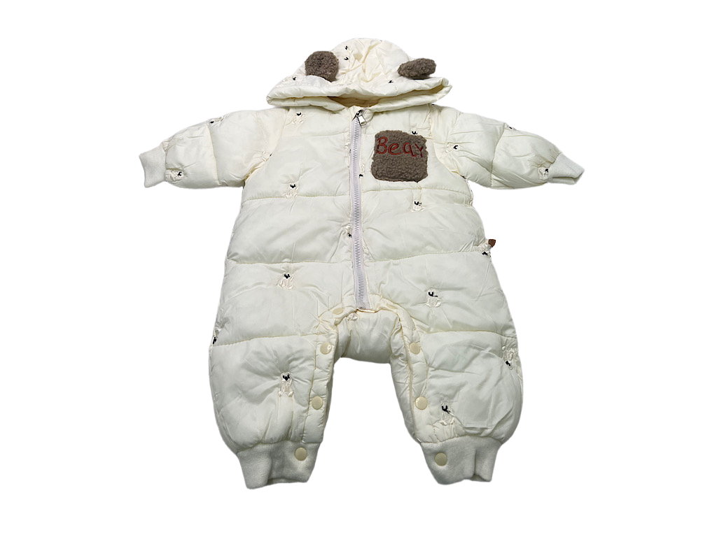 کاپشن سرهمی لاینردار و کلاه دار نوزادی شیری رنگ با طرح گلدوزی