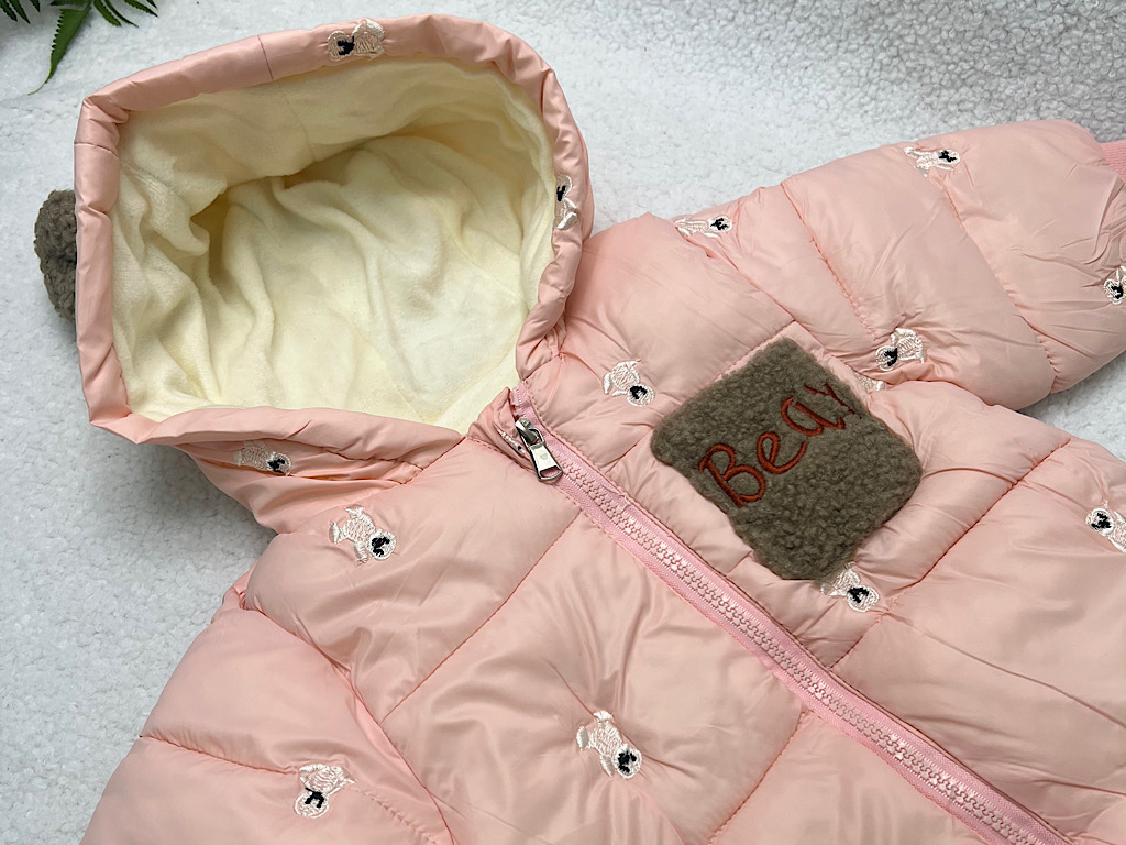 کاپشن سرهمی لاینردار و کلاه دار نوزادی صورتی رنگ با طرح گلدوزی