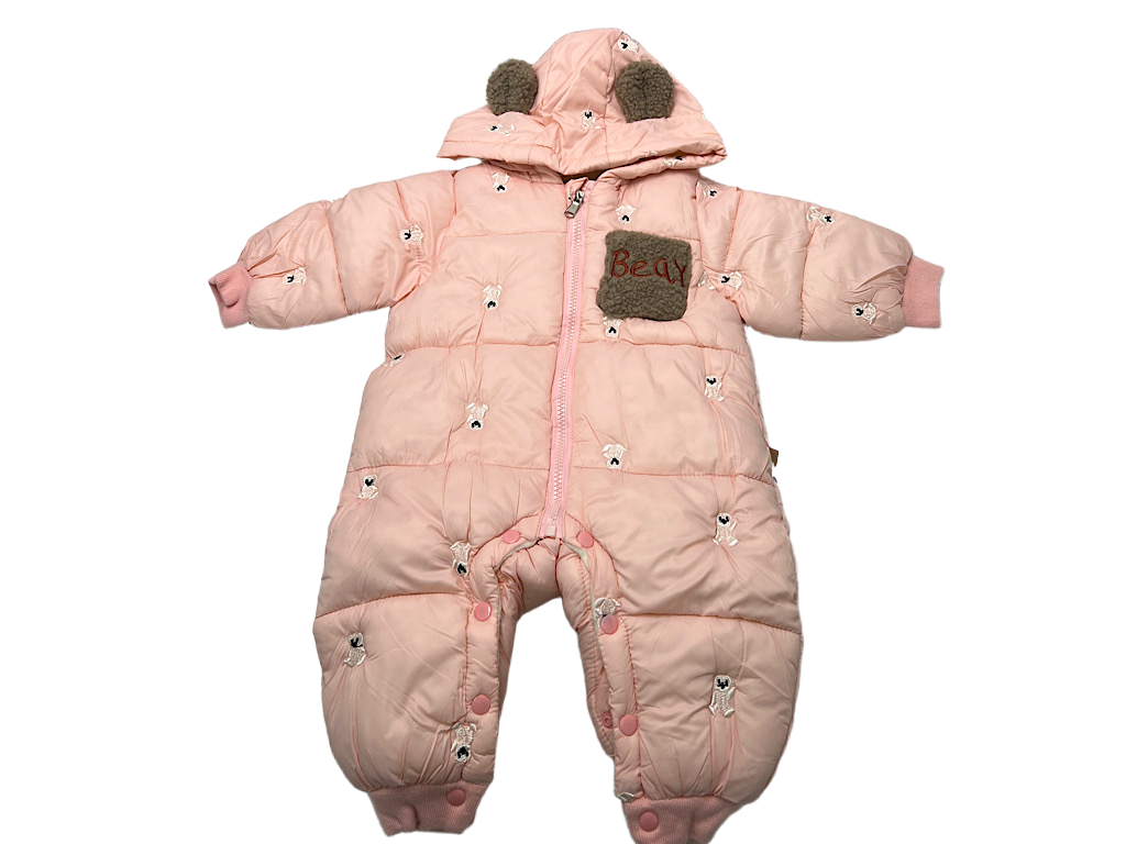 کاپشن سرهمی لاینردار و کلاه دار نوزادی صورتی رنگ با طرح گلدوزی