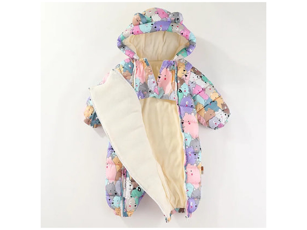 کاپشن سرهمی لاینردار و کلاه دار نوزادی طرح عروسکی