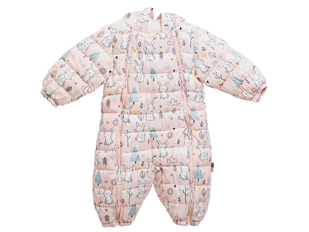 کاپشن سرهمی لاینردار و کلاه دار نوزادی گلبهی رنگ با طرح خرگوش