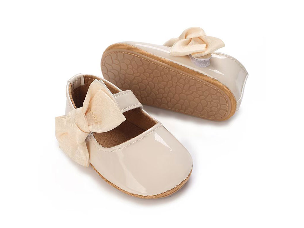 پاپوش نوزادی کرم رنگ دخترانه پاپیون توری