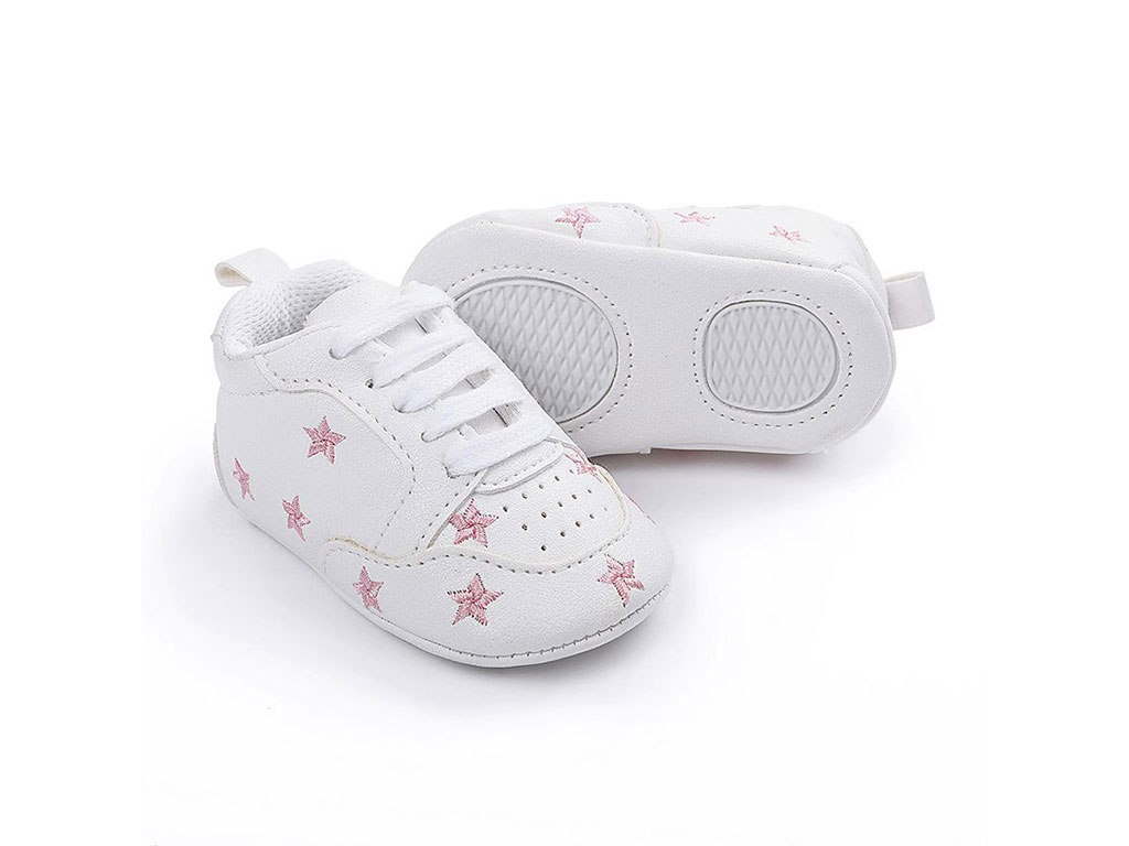 پاپوش نوزادی استپ دار مدل چسبی رنگ سفید طرح ستاره صورتی