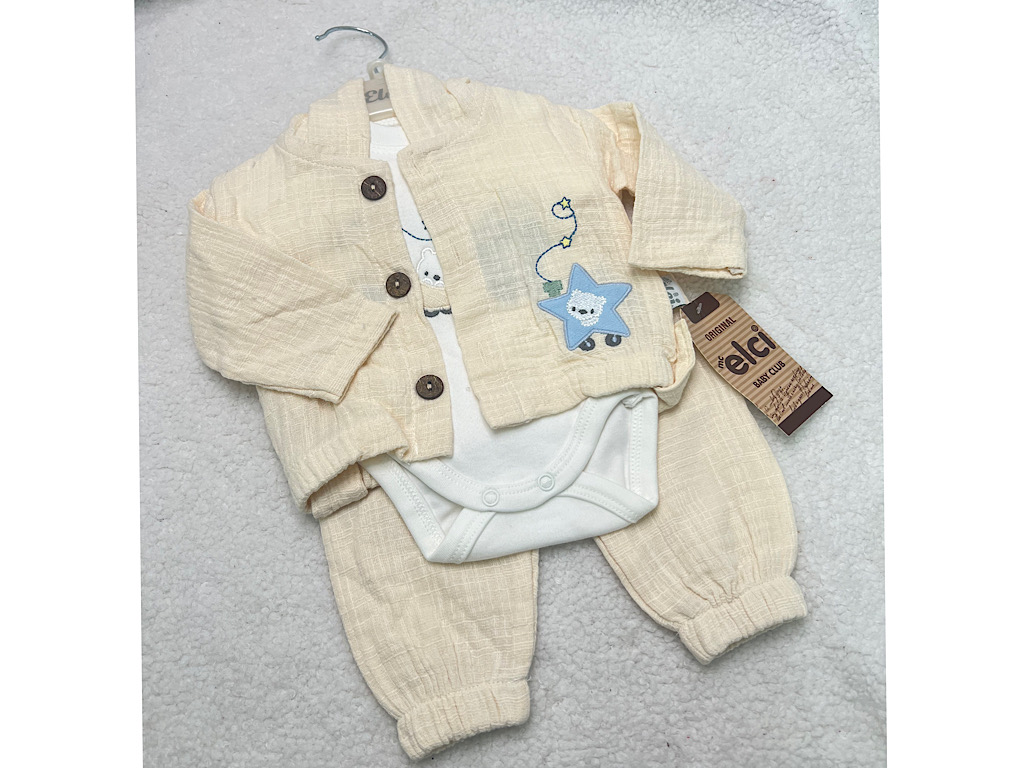 ست سه تکه نوزادی پسرانه  کتان نخ دارای گلدوزی ELCI