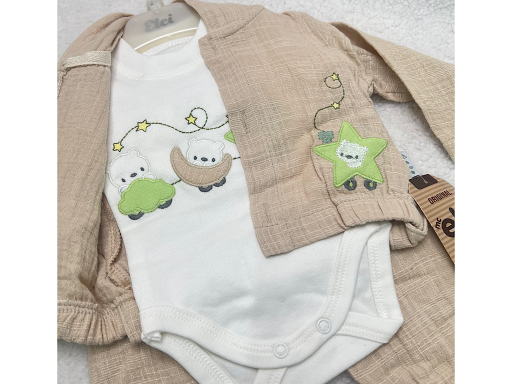 ست سه تکه نوزادی پسرانه  کتان نخ دارای گلدوزی ELCI