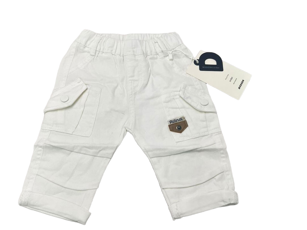 شلوار کتان مام استایل کمرکش پسرانه کارگو رنگ  سفید