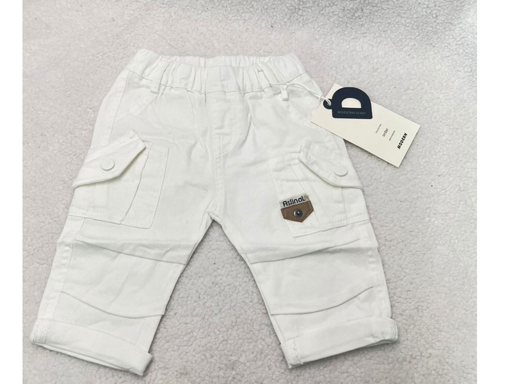 شلوار کتان مام استایل کمرکش پسرانه کارگو رنگ  سفید