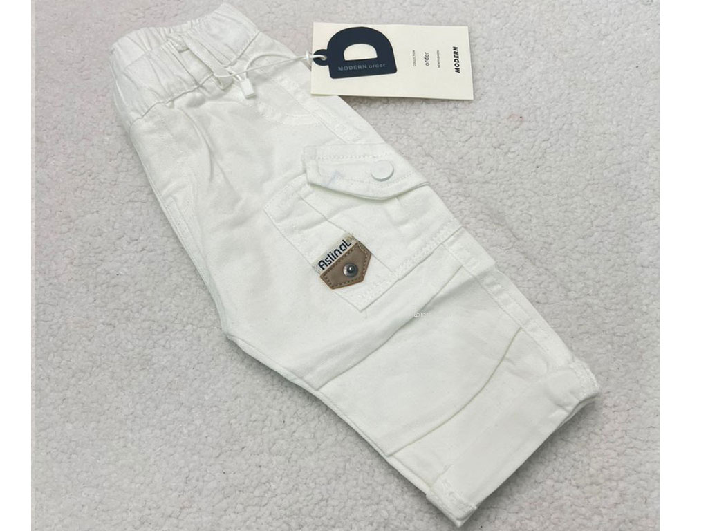 شلوار کتان مام استایل کمرکش پسرانه کارگو رنگ  سفید