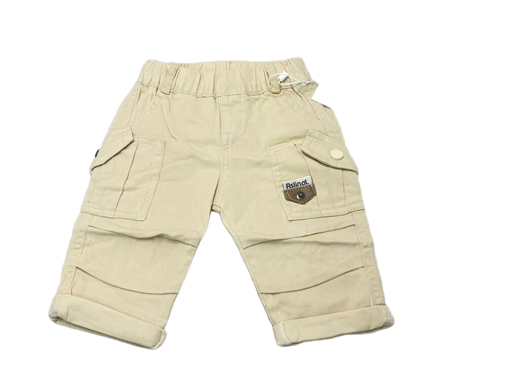 شلوار کتان مام استایل کمرکش پسرانه کارگو رنگ  کرم