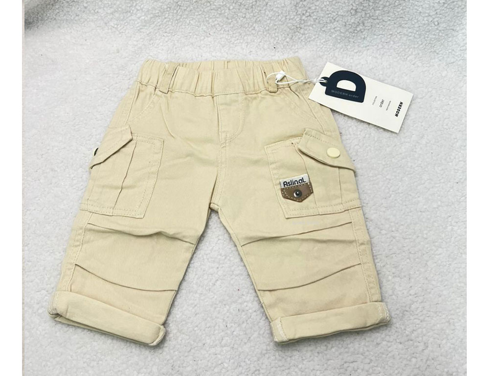 شلوار کتان مام استایل کمرکش پسرانه کارگو رنگ  کرم