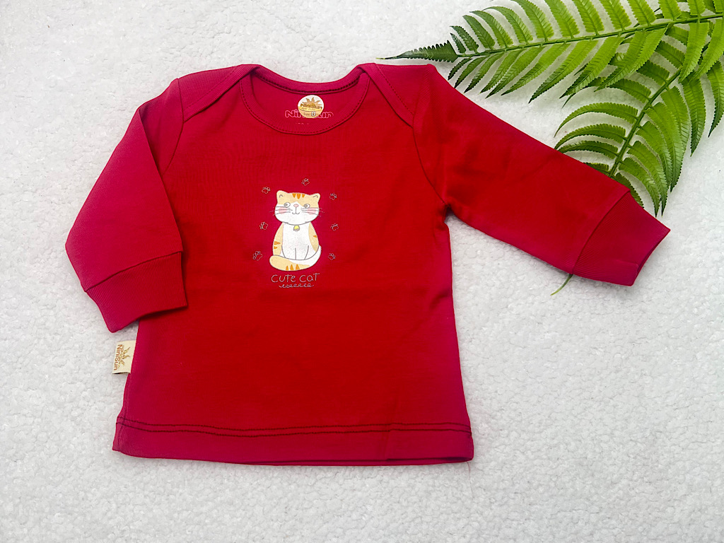 بلوز آستین بلند نوزادی طرح گربه تمشکی نی نی سان nini sun