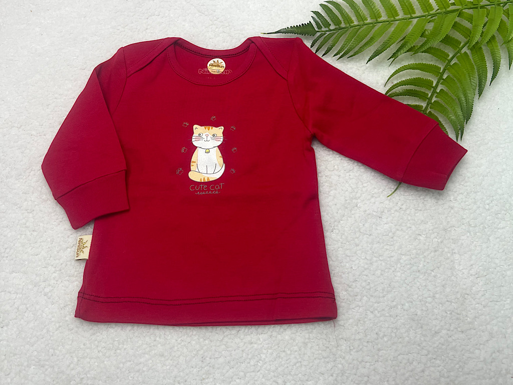 بلوز آستین بلند نوزادی طرح گربه تمشکی نی نی سان nini sun