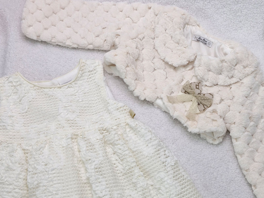 کت و سارافون گیپور  نوزادی دخترانه رنگ کرم  نیوبرن