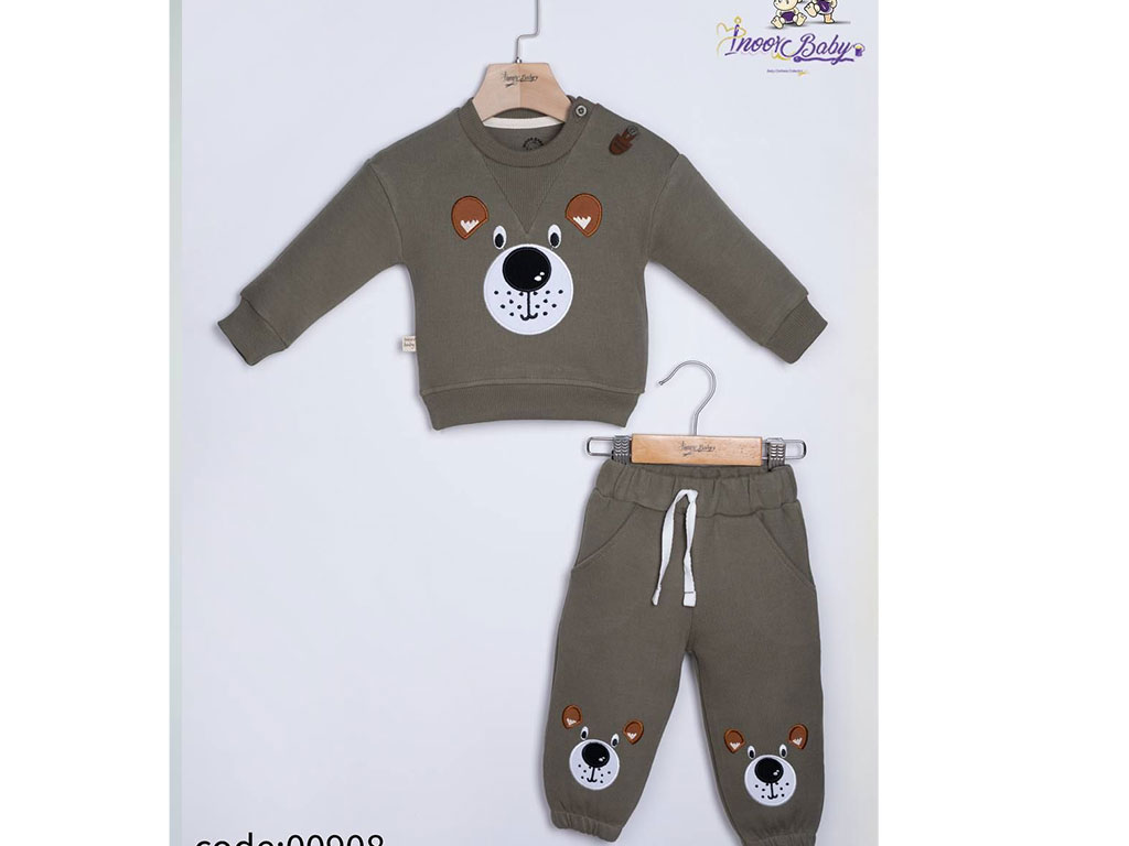 بلوز و شلوار سلانیک رنگ زیتونی  طرح خرس تکه دوزی شده آی نور بیبی inoor baby