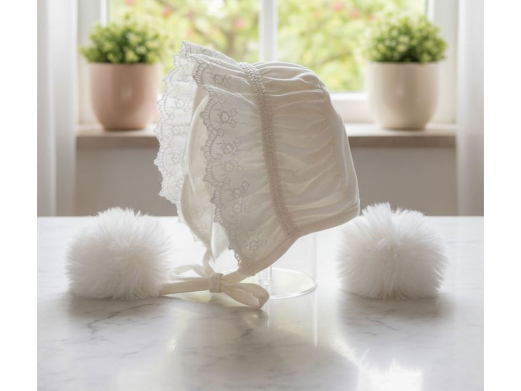 کلاه بنددار انگلیسی نوزادی رنگ شیری توردار