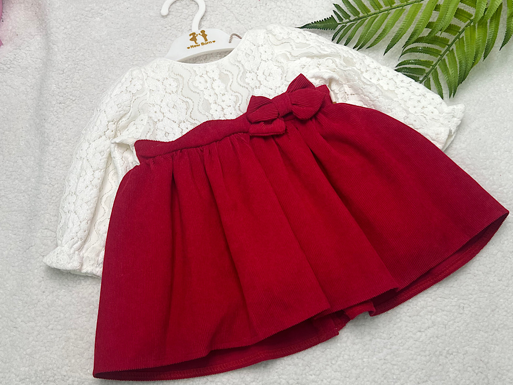 پیراهن دخترانه گیپور و مخمل کبریتی قرمز و سفید نیوبرن