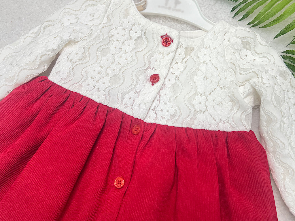 پیراهن دخترانه گیپور و مخمل کبریتی قرمز و سفید نیوبرن