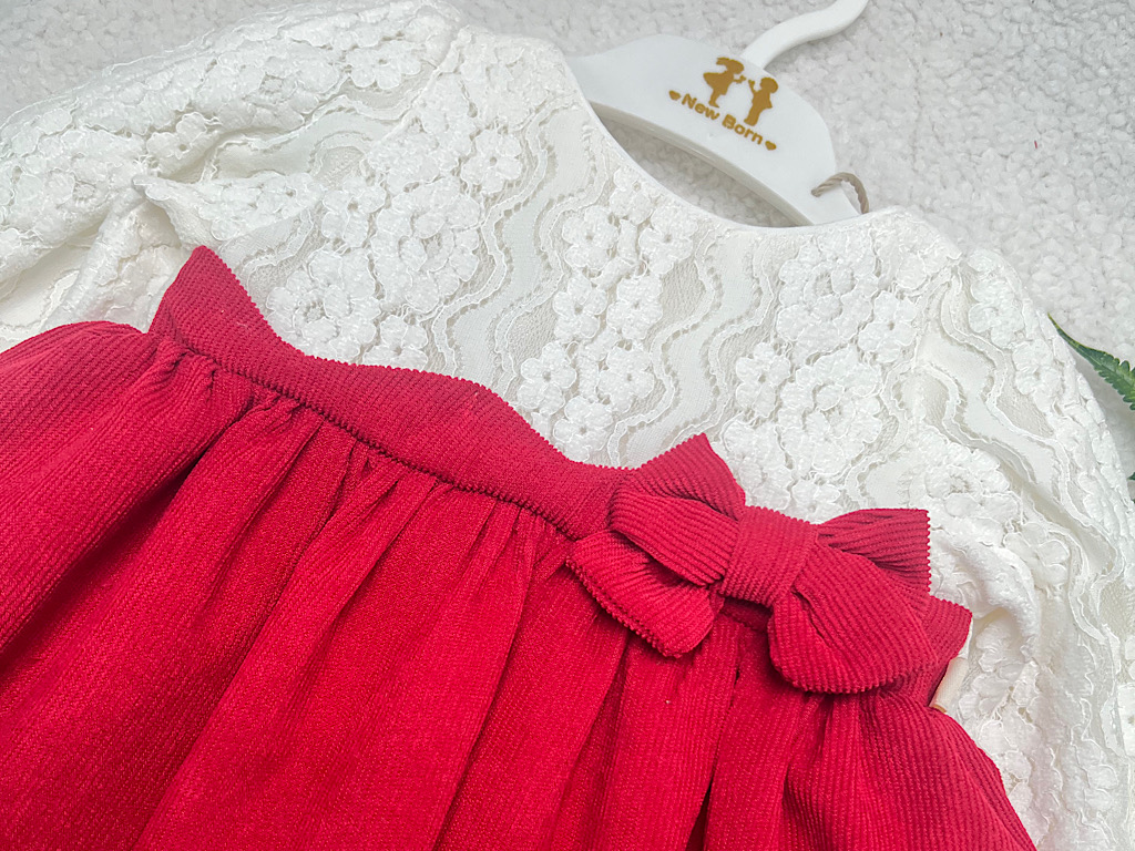 پیراهن دخترانه گیپور و مخمل کبریتی قرمز و سفید نیوبرن