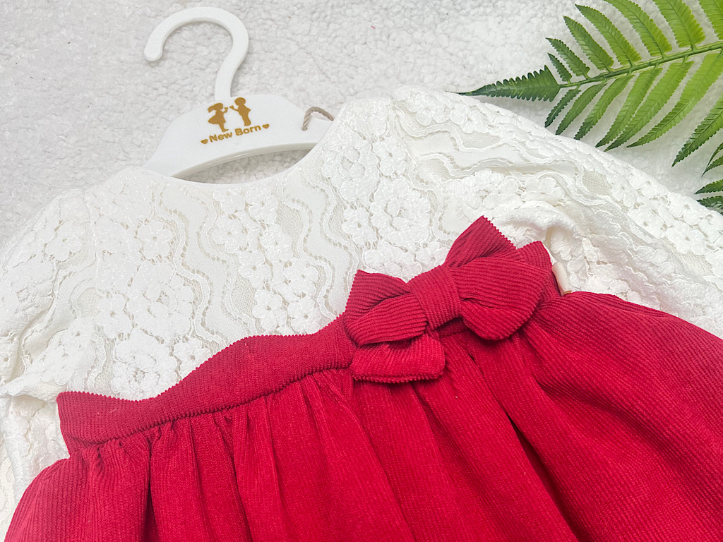 پیراهن دخترانه گیپور و مخمل کبریتی قرمز و سفید نیوبرن