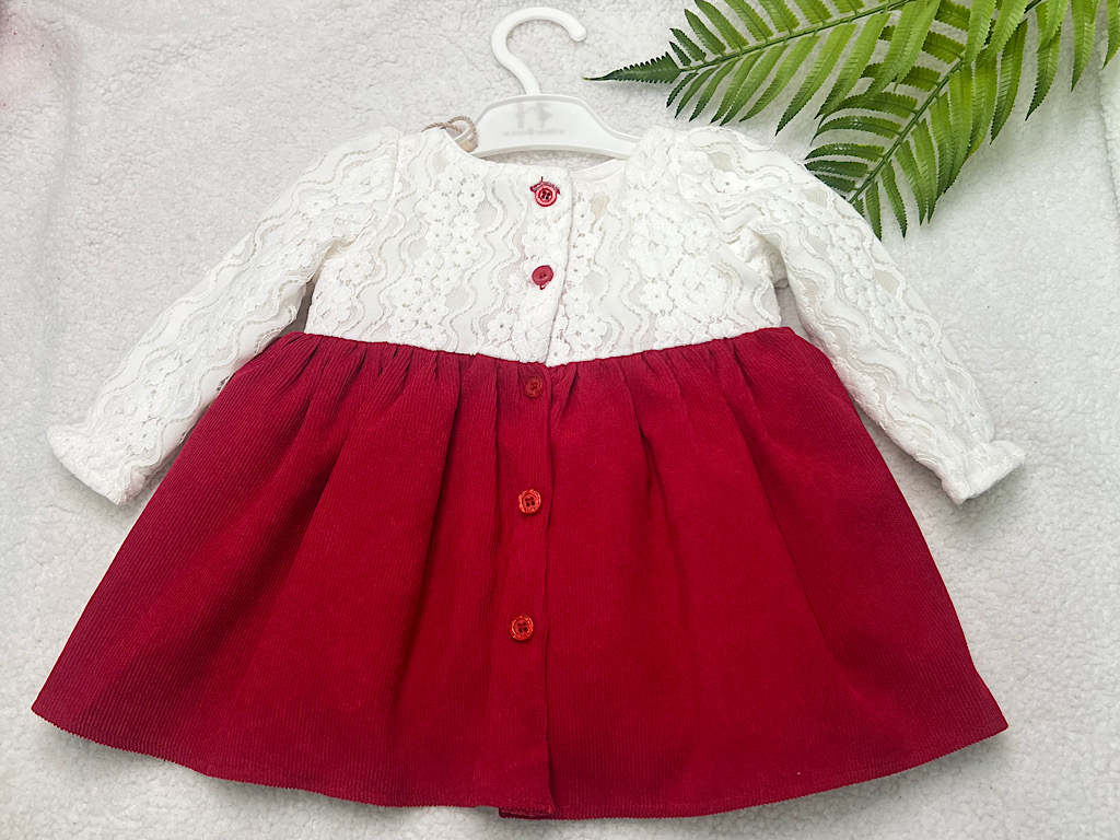 پیراهن دخترانه گیپور و مخمل کبریتی قرمز و سفید نیوبرن