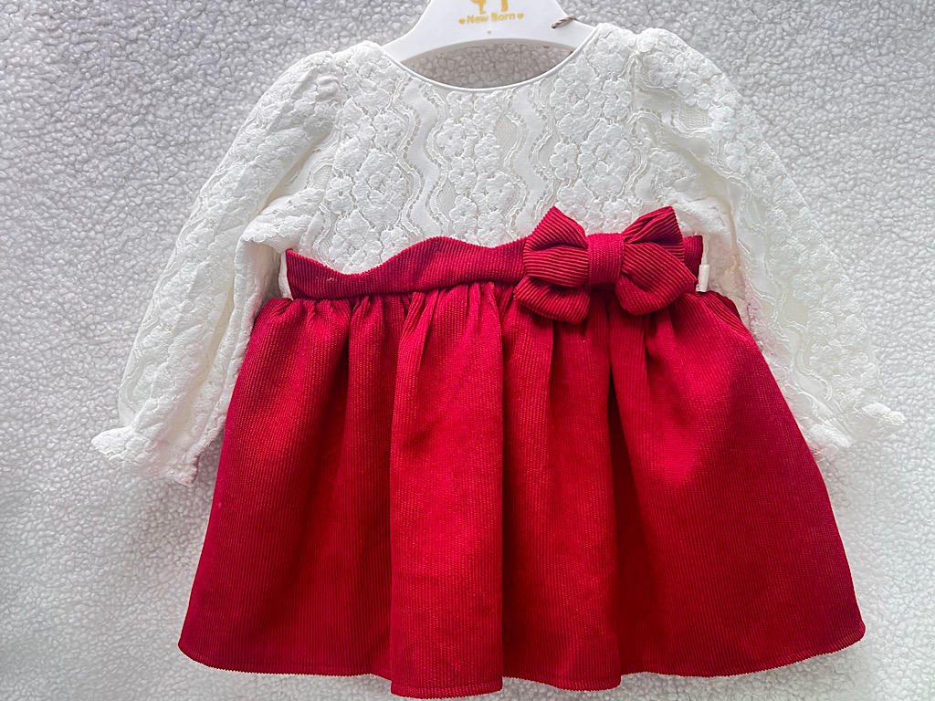 پیراهن دخترانه گیپور و مخمل کبریتی قرمز و سفید نیوبرن