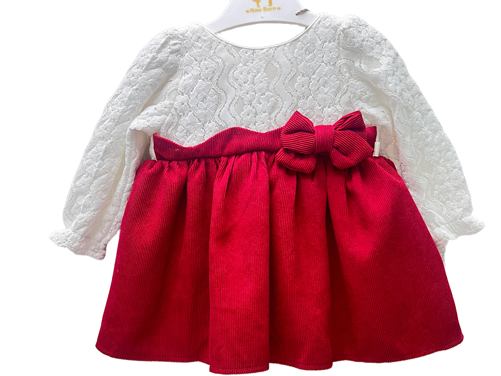 پیراهن دخترانه گیپور و مخمل کبریتی قرمز و سفید نیوبرن