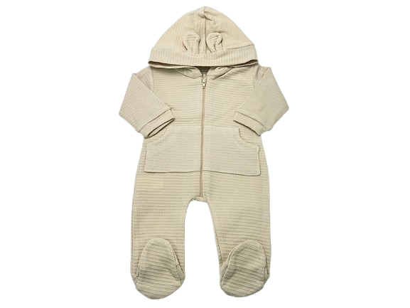 سرهمی جوراب و کلاه دار بیسکوییتی زیپ دار نوزادی رنگ کرم روشن دامون damon