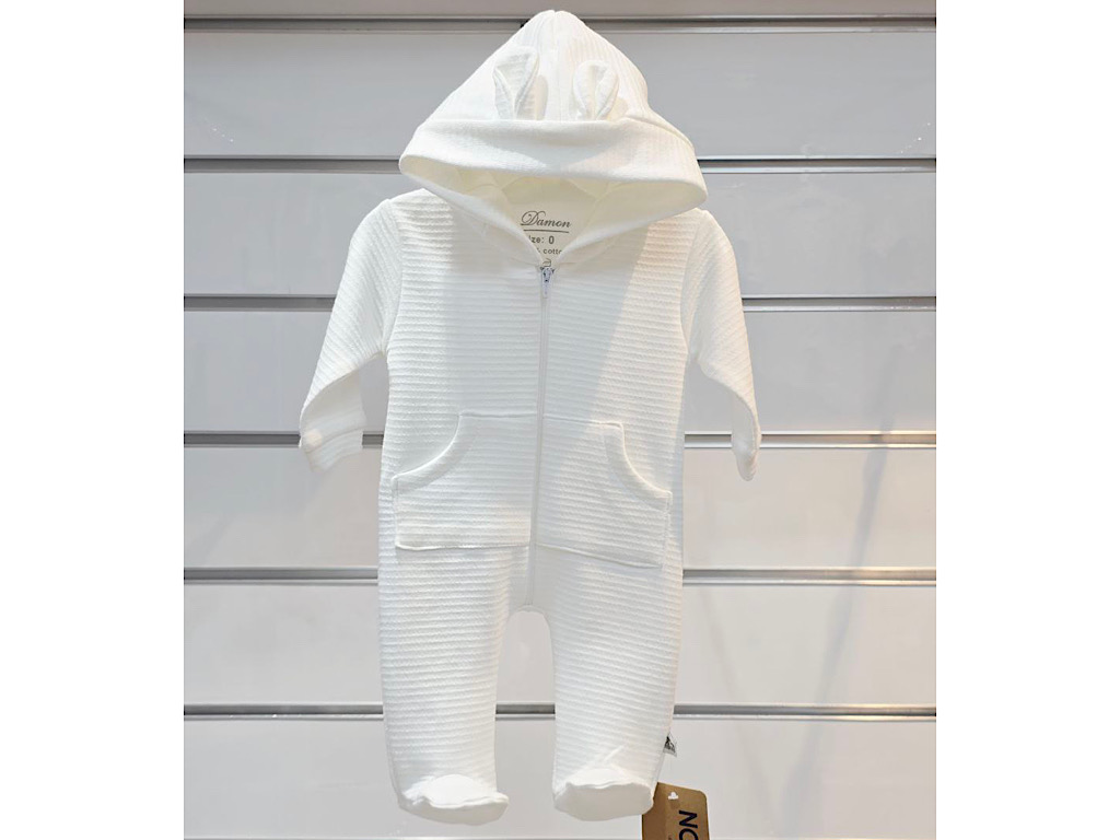 سرهمی جوراب و کلاه دار بیسکوییتی زیپ دار نوزادی رنگ شیری دامون damon