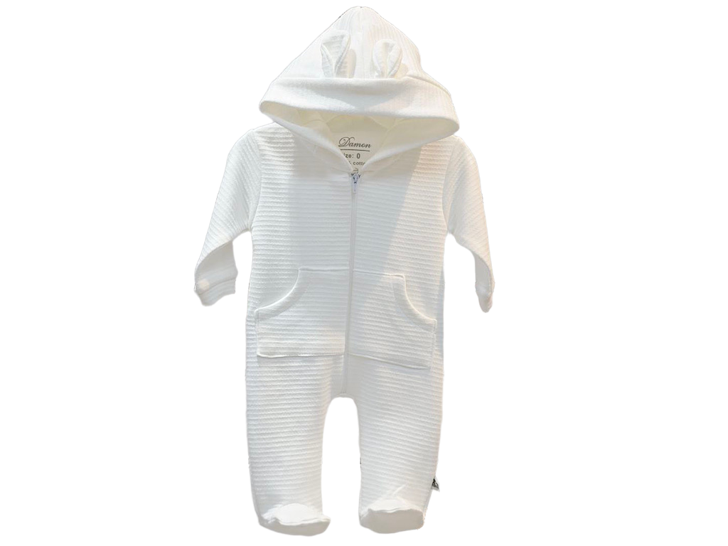 سرهمی جوراب و کلاه دار بیسکوییتی زیپ دار نوزادی رنگ شیری دامون damon