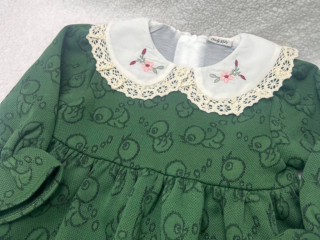 سارافون  دخترانه ژاکارد  یقه گلدوزی سبز