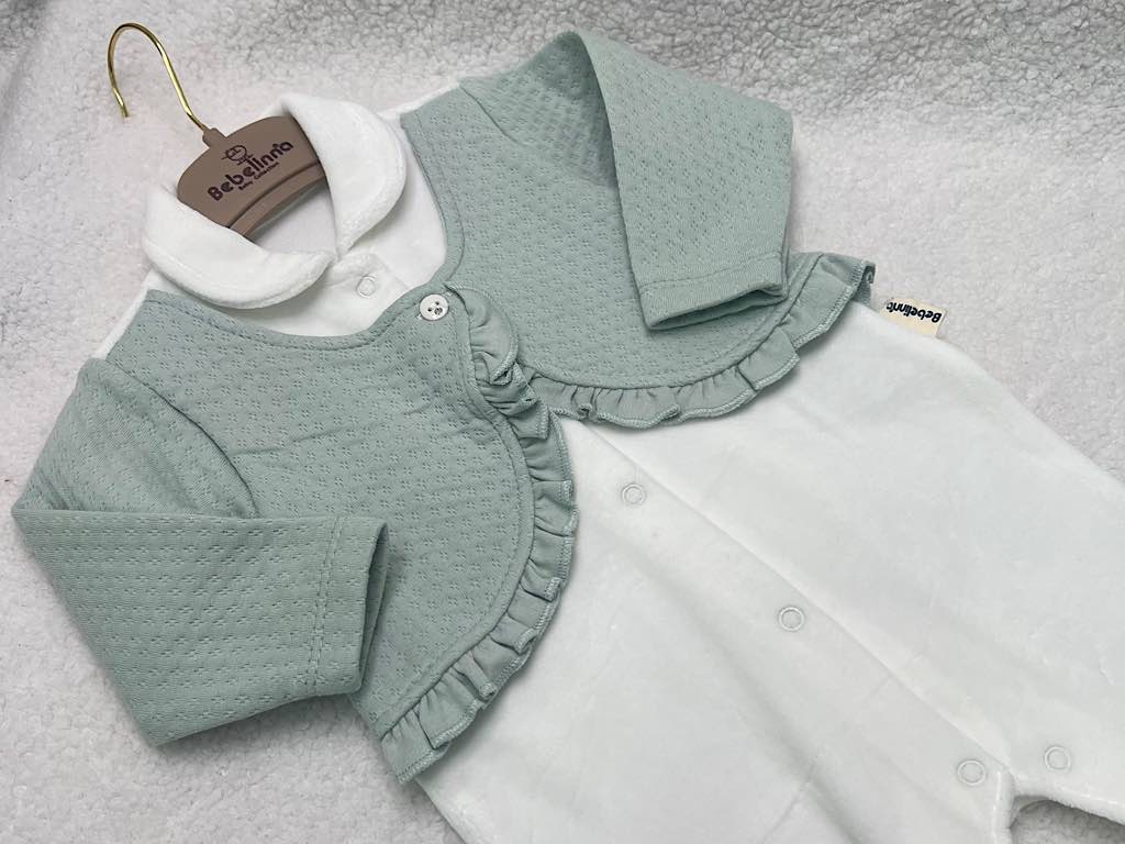 سرهمی جوراب و جلیقه دار مخمل نوزادی سبز و سفید رنگ  بب لینا BEBELINNA