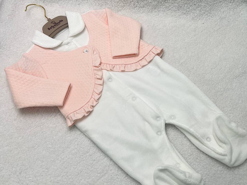 سرهمی جوراب و جلیقه دار مخمل نوزادی صورتی و سفید رنگ  بب لینا BEBELINNA