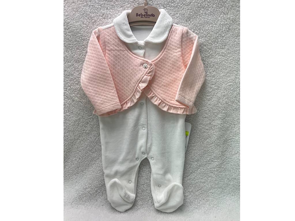 سرهمی جوراب و جلیقه دار مخمل نوزادی صورتی و سفید رنگ  بب لینا BEBELINNA